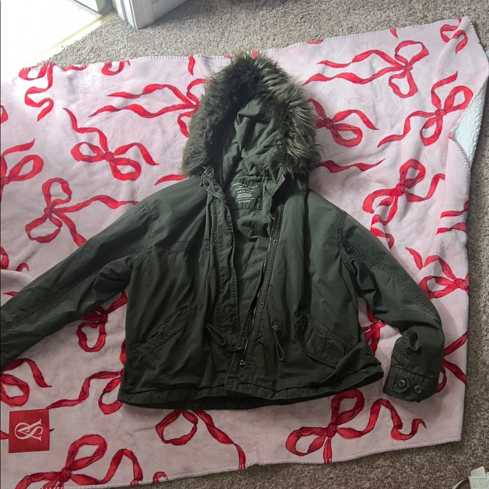 American Eagle Outfitters Dark Green Jacket with Faux Fur Hood